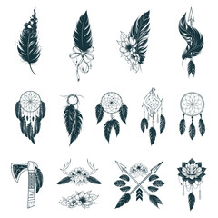 Feathers fantasia set in boho style. 14 ethnic design elements isolated on white background. Vector illustration for tattoo, print and t-shirts. - obrazy, fototapety, plakaty
