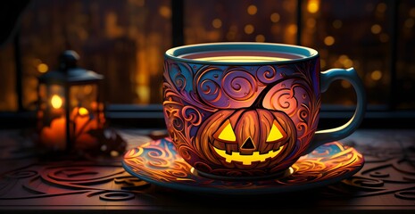 Halloween pumpkin colorful cup of coffee on a wooden table. 3d rendering. Holiday event halloween banner background concept.