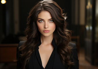 Fototapeta premium Brunette smiling businesswoman, Long, silky brown hair.
