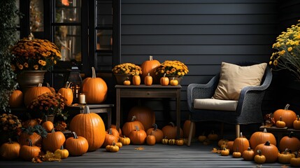 Obraz premium Autumn thanksgiving decoration with pumpkins and chairs on terrace, outdoors. Porch of the backyard decorated with pumpkins and autumn flowers. Thanksgiving concept.