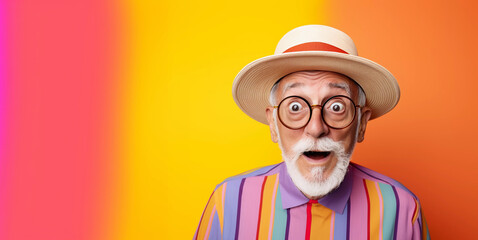 Studio portrait of eccentric and stylish elderly gay man with colorful rainbow striped sweater and background, surprised expression