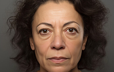Close up portrait of mature middle aged woman bare face with no makeup and aging skin