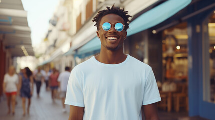 Portrait of young fashion smiling African American man with white T-shirt, Plaza shopping district background. - obrazy, fototapety, plakaty