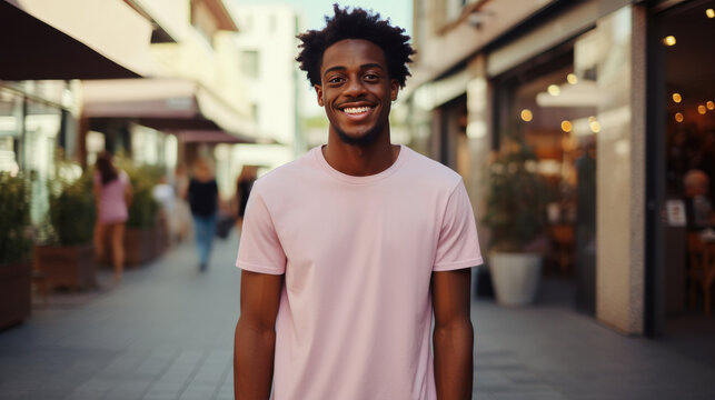 Portrait of young fashion smiling African American man with solid color cloth, Plaza shopping district background.