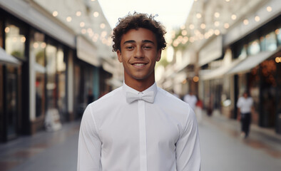 Portrait of young fashion smiling African American waiter man with white cloth, Plaza shopping...