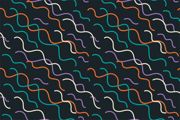 Colored lines squiggle doodle seamless pattern. Creative abstract squiggle style drawing background for children or trendy design with basic shapes. Simple childish scribble wallpaper print.