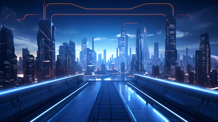 Fototapeta premium Horizon display for futuristic environment for buildings and architecture, cyber punk style design, night time with neon lights. Generative Ai