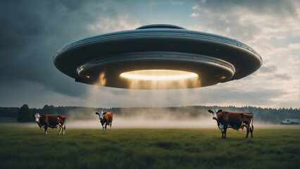 Flying saucer on cow farm. Photorealistic and high resolution concept design illustration