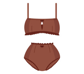 Set of women sexy underwear. Cartoon feminine bra and panties, two-piece bikini swimsuit. Vector isolated flat illustration.