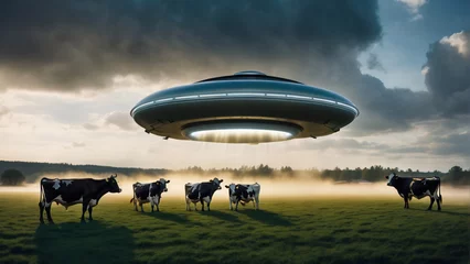 Foto op Canvas Flying saucer on cow farm. Photorealistic and high resolution concept design illustration © RobinsonIcious