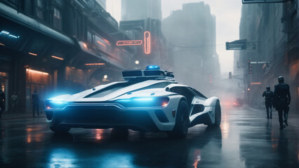 Futuristic scifi police car in future city. Highly detailed and realistic concept design illustration - obrazy, fototapety, plakaty