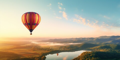 AI Generated. AI Generative. Hot air balloon scenic view at nature outdoor beautiful sand mountain river landscape. Graphic Art