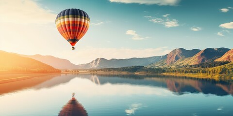 AI Generated. AI Generative. Hot air balloon scenic view at nature outdoor beautiful sand mountain river landscape. Graphic Art