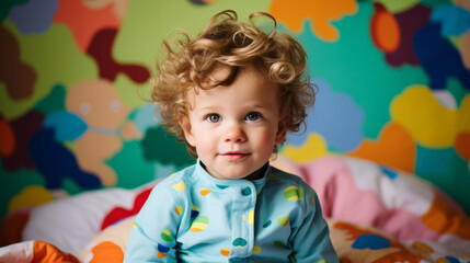 Portrait of a toddler boy posing against a colorful wall at kindergarten or preschool