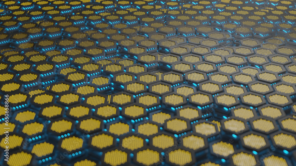 Poster 3d rendering, background illustration of a set of hexagons. metal honeycombs with neon illumination.