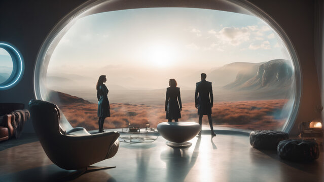 Futuristic scifi scene of people watching through a round window with mars surface in background. Human Colony visualization in high detail