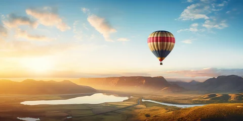 Muurstickers AI Generated. AI Generative. Hot air balloon scenic view at nature outdoor beautiful sand mountain river landscape. Adventure vacation air drone view background inspiration © Graphic Warrior