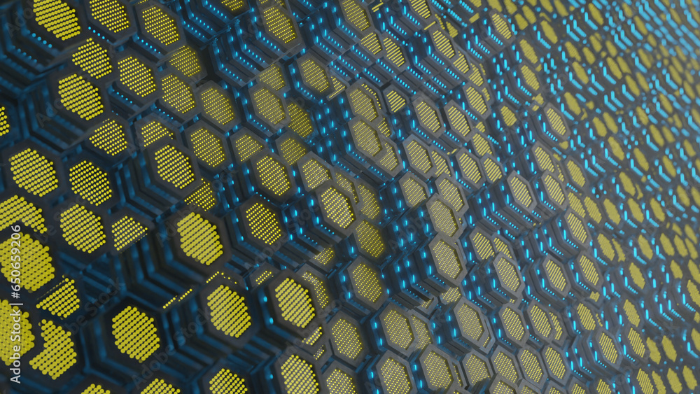 Poster 3d rendering, background illustration of a set of hexagons. metal honeycombs with neon illumination.