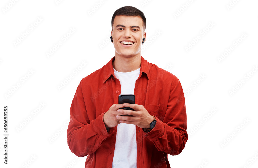 Poster phone, earphones and portrait of young man networking on social media, mobile app or internet. happy