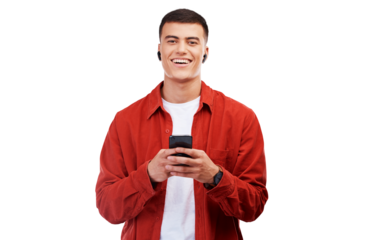 Phone, earphones and portrait of young man networking on social media, mobile app or internet. Happy, smile and model scroll on cellphone and listen to music isolated by transparent png background.