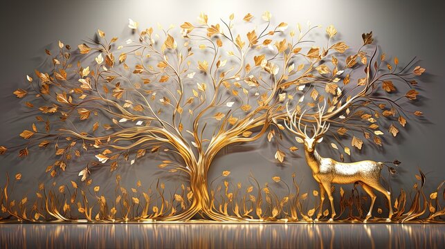 Abstract modern 3d interior mural stag wall art dark and golden forest trees, deer animal wildlife with birds, golden moon, and waves mountains
