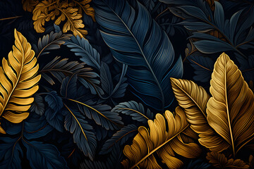 Tropical leaves seamless pattern. Black and gold background, Vector illustration, Ai Generated