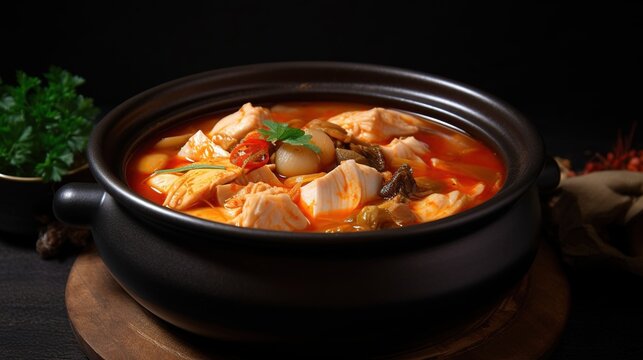 Delectable photo of a bowl of spicy kimchi stew garnished with tofu and scallions in a Korean family setting