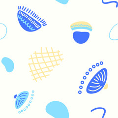 A pattern with abstract shapes similar to the folk image of blue flowers on a light yellow background. Pattern for fabrics with strange rounded forms.