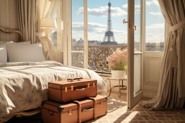 Suitcase in a hotel room in Paris France. Weekend getaway.