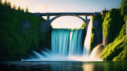 Hydroelectric dam on river with green landscape and sunset in background. Extremely detailed and realistic high resolution illustration - obrazy, fototapety, plakaty