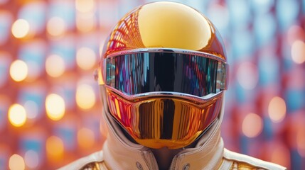 a man in an abstract tracksuit and helmet made of reflective plastic materials, colors that change depending on viewing or lighting geometry, futuristic yellow, pink and blue.