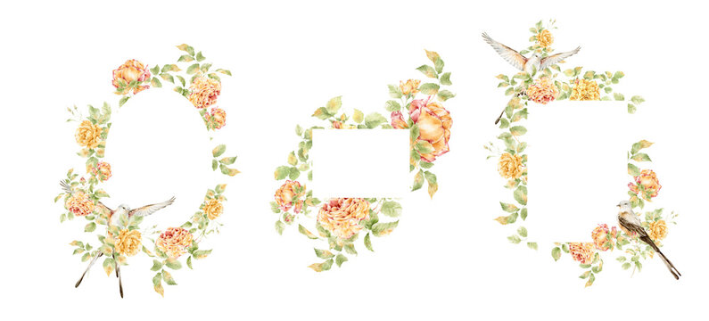 Vintage frames with roses and birds painted with watercolors, perfect for wedding cards, invitations