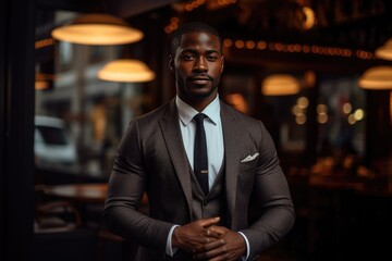 Fototapeta premium Athletic African American businessman on the street in a classic suit, with a good body.