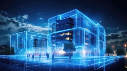 Building the Future: Enterprise Smart Campus in Stunning Blue Holographic Projection. Generative AI 5