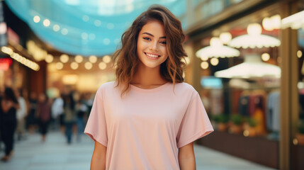 Portrait of young fashion smiling girl with solid color cloth, Plaza shopping district background.