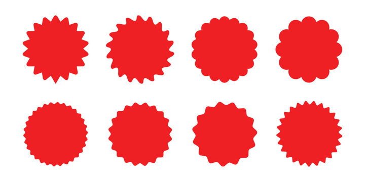 Red starburst and sunburst badge set . Sale sticker, price tag, quality mark. Flat starburst isolated on white background. Vector illustration