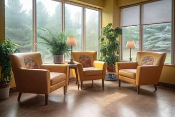 Fototapeta premium Warm Welcoming Cozy Waiting Room with Comfortable Chairs and Lush Greenery