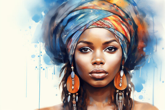 African woman portrait with colorful traditional clothes, watercolor illustration generative AI