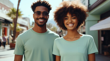 Young fashion smiling travelers African American couple with solid color T-shirt, Plaza shopping...