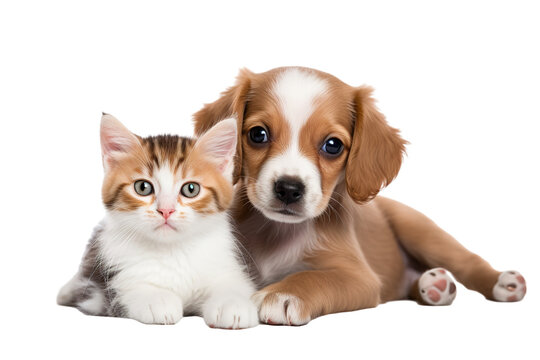 Cute small kitten and puppy on a white background studio shot PNG