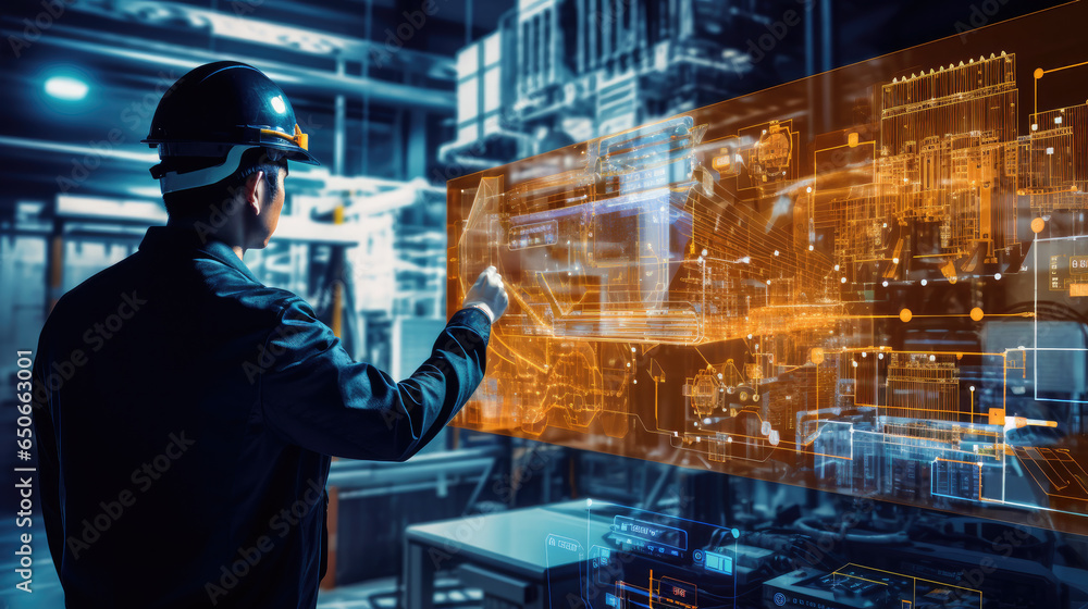 Poster man with protective helmet interacting with projection screen in futuristic looking office