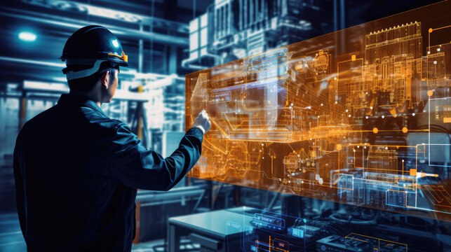 Man with protective helmet interacting with projection screen in futuristic looking office