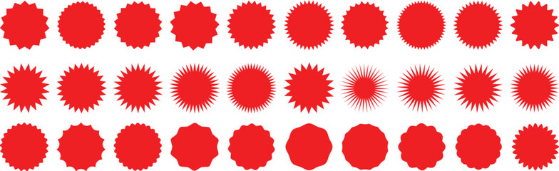 Set of red starburst. Price sticker, sale sticker, price tag, starburst, quality mark, retro stars, sale or discount sticker, sunburst badges, sun ray frames, promotional badge set, shopping labels