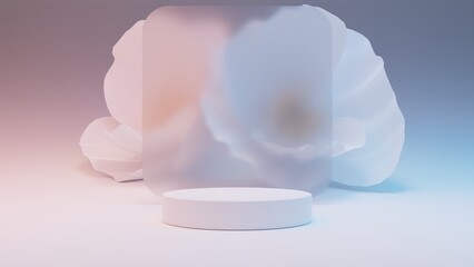 White empty podium or pedestal for product presentation, showcase of beauty and cosmetics product. Round mockup platform on white background whith flowers. 3d rendering