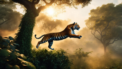 Tiger jumping through fantasy jugnle. Highly detailed and colorful concept design illustration - Powered by Adobe