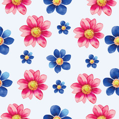 Vector pink and blue flower watercolor seamless pattern