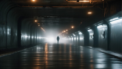 Underground tunnel with volumetric lights, highly detailed and realistic concept design illustration