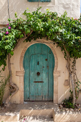 A traditional door with pattern and tiles, Hara Sghira Er Riadh - Djerbahood in Tunisia