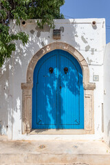 Traditional blue door with pattern tiles and pink flowers, Hara Sghira Er Riadh - Djerbahood in Tunisia