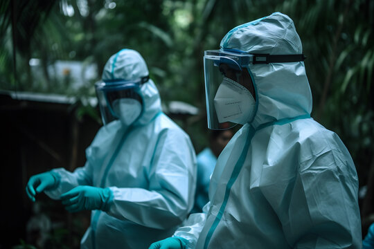  Health Care Professionals Wearing Personal Protective Equipment Handling The Nipah Virus Outbreak, Doing Community Screening And Obtaining Samples From The Community